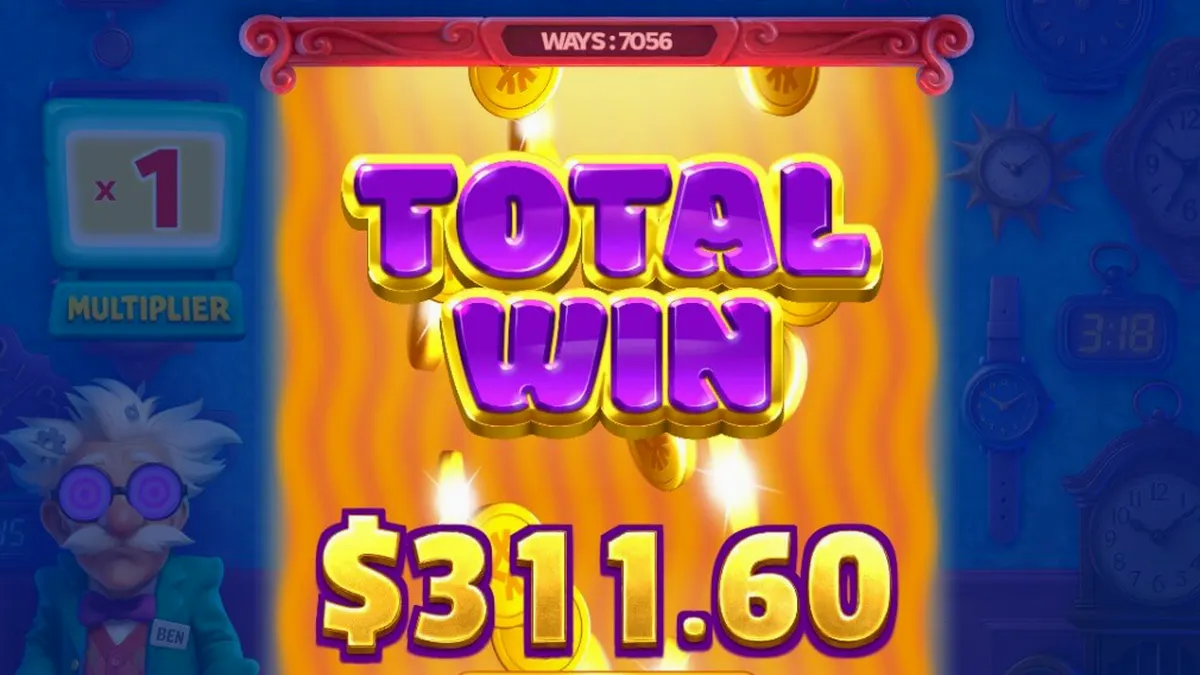 Tampilan visual slot Coo Coo Cashoo dengan tema bengkel jam eksentrik dan elemen neon.