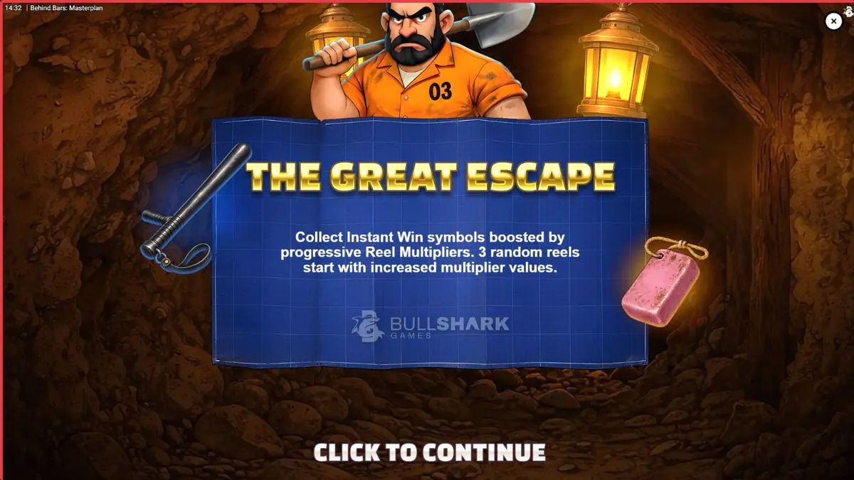 Tampilan visual slot Behind Bars Masterplan dengan karakter narapidana dan elemen penjara neon