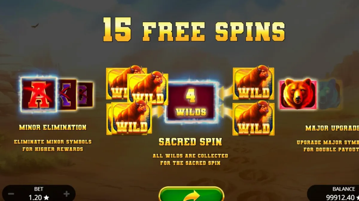 Tampilan layar permainan slot Sacred Buffalo dengan gulungan yang menampilkan simbol banteng, serigala, dan totem di latar belakang padang rumput gurun.