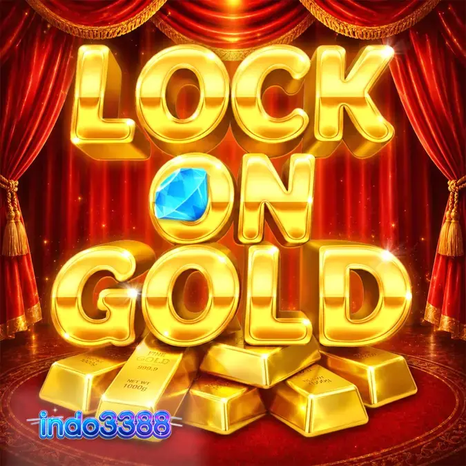 Panggung teater mewah dengan simbol emas dalam permainan slot Lock On Gold